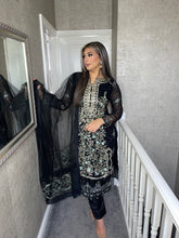 Load image into Gallery viewer, 3PC BLACK Embroidered Shalwar Kameez with Net duppatta fully stitched 3 piece suit F-60023
