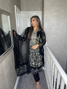 3PC BLACK Embroidered Shalwar Kameez with Net duppatta fully stitched 3 piece suit F-60023