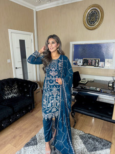 Teal Embroidered Shalwar Kameez with Net duppatta fully stitched 3 piece suit with Net Dupatta MOB-A5019B