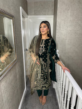 Load image into Gallery viewer, Dark Green Velvet Embroidered Shalwar Kameez with chiffon teal duppatta fully stitched 3 piece suit  MT-379C
