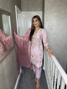 3PC PINK Embroidered Shalwar Kameez with Net duppatta fully stitched 3 piece suit F-C1264B