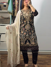 Load image into Gallery viewer, BLACK Embroidered Shalwar Kameez with Net duppatta fully stitched 3 piece suit with Chiffon Dupatta MOB-AA1102
