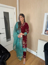 Load image into Gallery viewer, Maroon Velvet Embroidered Shalwar Kameez with chiffon teal duppatta fully stitched 3 piece suit  FP-17038B
