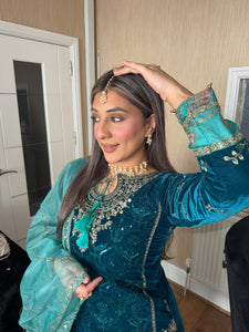 TEAL Velvet Embroidered Shalwar Kameez with chiffon teal duppatta fully stitched 3 piece suit  FP-17038C