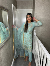 Load image into Gallery viewer, 3PC Light Turquoise Embroidered Shalwar Kameez with Net duppatta fully stitched 3 piece suit F-1283D
