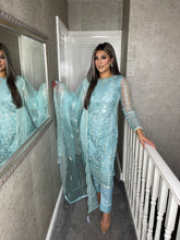 Load image into Gallery viewer, SEA BLUE Shalwar Kameez fully stitched 3 piece suit with NET Dupatta MOB-1541C
