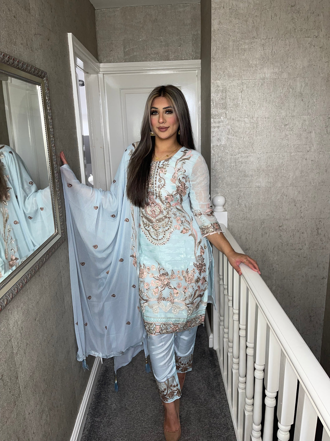 3PC BABY BLUE Embroidered Shalwar Kameez with Net duppatta fully stitched 3 piece suit F-C1264D