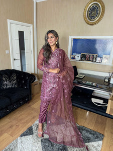 Mauve Embroidered Shalwar Kameez with Net duppatta fully stitched 3 piece suit with Net Dupatta MOB-C1924B