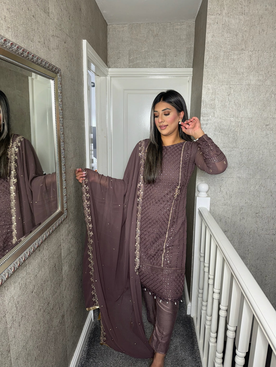 Mauve Embroidered Shalwar Kameez with Net duppatta fully stitched 3 piece suit with Net Dupatta MOB-1586C