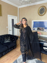 Load image into Gallery viewer, Black Embroidered Shalwar Kameez with Net duppatta fully stitched 3 piece suit with Net Dupatta MOB-S170B
