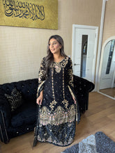 Load image into Gallery viewer, Black Shalwar Kameez with lehenga and net dupatta fully stitched 3 piece suit MOB-S111E
