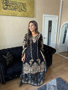 Black Shalwar Kameez with lehenga and net dupatta fully stitched 3 piece suit MOB-S111E