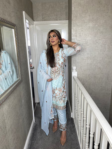 3PC BABY BLUE Embroidered Shalwar Kameez with Net duppatta fully stitched 3 piece suit F-C1264D