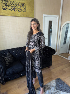 BLACK Embroidered Shalwar Kameez with Net duppatta fully stitched 3 piece suit with Net Dupatta MOB-A5019D