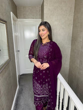 Load image into Gallery viewer, Plum Embroidered Shalwar Kameez with chiffon duppatta fully stitched 3PC MOB-F1889A
