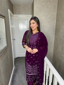 Plum Embroidered Shalwar Kameez with chiffon duppatta fully stitched 3PC MOB-F1889A