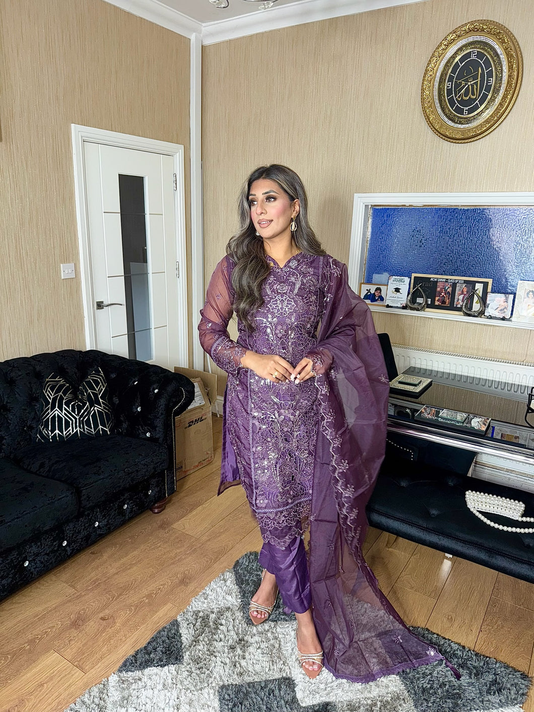 Purple Embroidered Shalwar Kameez with Net duppatta fully stitched 3 piece suit with Net Dupatta MOB-C1924