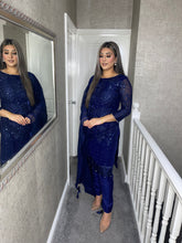 Load image into Gallery viewer, 3PC Midnight BLUE Embroidered Shalwar Kameez with Net duppatta fully stitched 3 piece suit F-1280C
