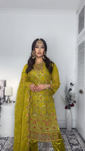 Load image into Gallery viewer, Olive Embroidered Shalwar Kameez with Net duppatta fully stitched 3 piece suit with Net Dupatta MOB-1001
