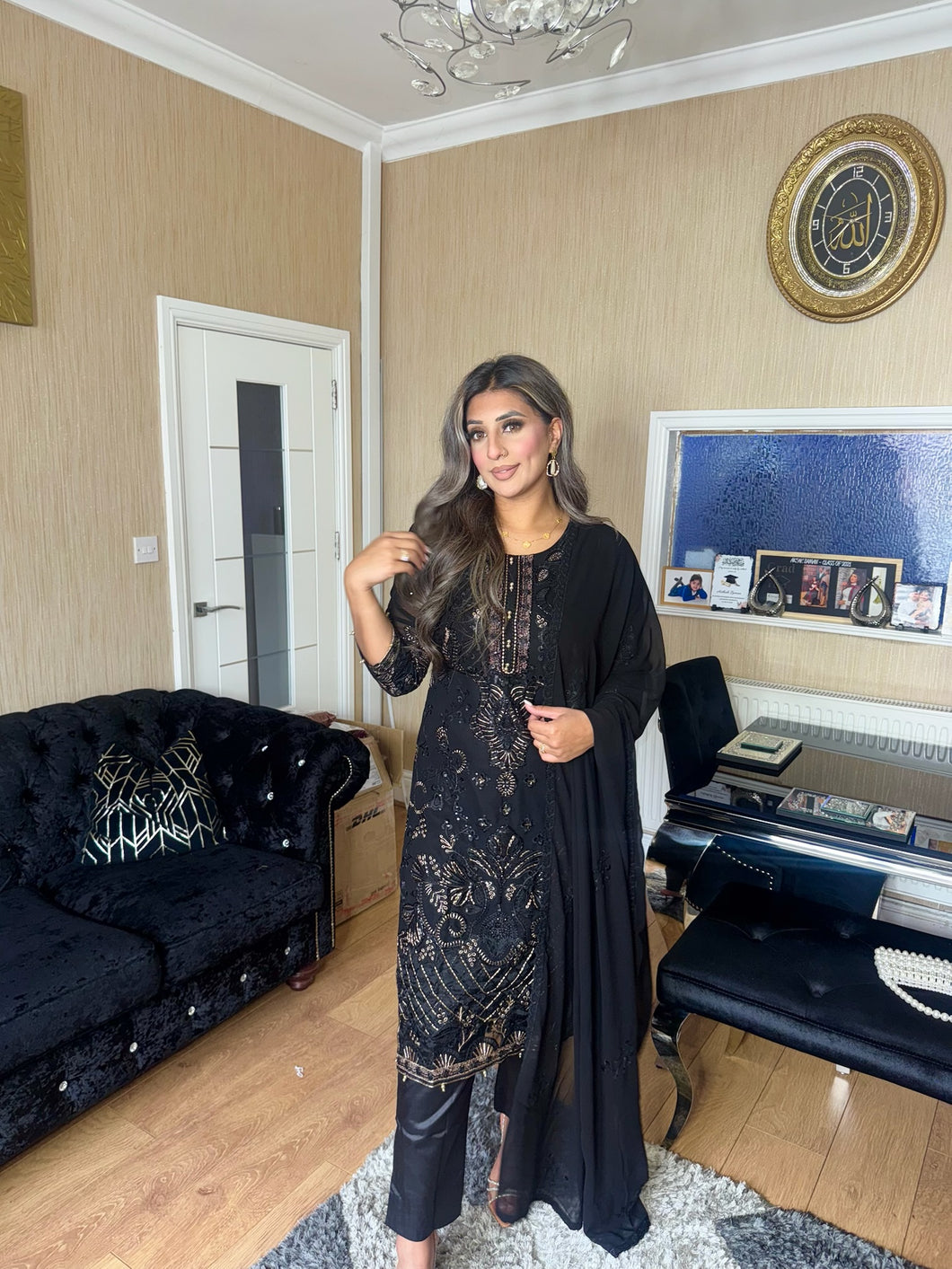 Black Embroidered Shalwar Kameez with Net duppatta fully stitched 3 piece suit with Net Dupatta MOB-S170B
