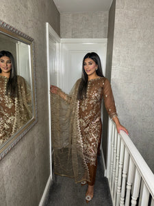 Bronze Embroidered Shalwar Kameez with Net duppatta fully stitched 3 piece suit with Net Dupatta MOB-F1724