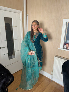TEAL Velvet Embroidered Shalwar Kameez with chiffon teal duppatta fully stitched 3 piece suit  FP-17038C