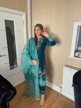 Load image into Gallery viewer, TEAL Velvet Embroidered Shalwar Kameez with chiffon teal duppatta fully stitched 3 piece suit  FP-17038C
