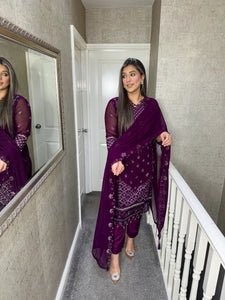 Plum Embroidered Shalwar Kameez with chiffon duppatta fully stitched 3PC MOB-F1889A