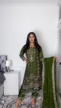 Load image into Gallery viewer, Green Embroidered Shalwar Kameez with Net duppatta fully stitched 3 piece suit with Net Dupatta MOB-AC204D
