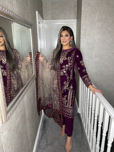 Plum Velvet Embroidered Shalwar Kameez with chiffon teal duppatta fully stitched 3 piece suit  MT-375B