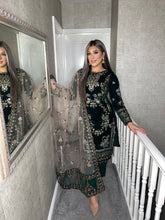 Load image into Gallery viewer, Dark Green Velvet Embroidered Shalwar Kameez with net duppatta fully stitched 3 piece suit  MT-375C
