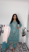 Load image into Gallery viewer, Blue Embroidered Shalwar Kameez with Net duppatta fully stitched 3 piece suit with Net Dupatta MOB-SDS1097
