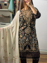 Load image into Gallery viewer, BLACK Embroidered Shalwar Kameez with Net duppatta fully stitched 3 piece suit with Chiffon Dupatta MOB-AA1102
