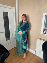 Load image into Gallery viewer, TEAL Velvet Embroidered Shalwar Kameez with chiffon teal duppatta fully stitched 3 piece suit  FP-17038C
