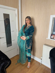 TEAL Velvet Embroidered Shalwar Kameez with chiffon teal duppatta fully stitched 3 piece suit  FP-17038C