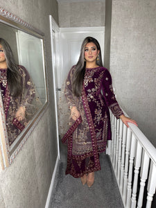 Plum Velvet Embroidered Shalwar Kameez with chiffon teal duppatta fully stitched 3 piece suit  MT-375B