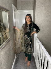 Load image into Gallery viewer, Dark Green Velvet Embroidered Shalwar Kameez with chiffon teal duppatta fully stitched 3 piece suit  MT-379C
