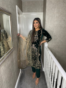 Dark Green Velvet Embroidered Shalwar Kameez with chiffon teal duppatta fully stitched 3 piece suit  MT-379C