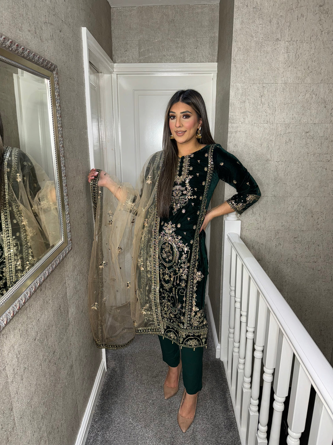 Dark Green Velvet Embroidered Shalwar Kameez with chiffon teal duppatta fully stitched 3 piece suit  MT-379C