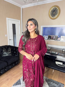 Maroon Embroidered Shalwar Kameez with Net duppatta fully stitched 3 piece suit with Net Dupatta MOB-S170A