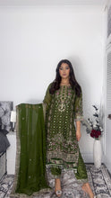Load image into Gallery viewer, Green Embroidered Shalwar Kameez with Net duppatta fully stitched 3 piece suit with Net Dupatta MOB-AC204D
