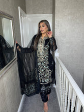 Load image into Gallery viewer, 3PC BLACK Embroidered Shalwar Kameez with Net duppatta fully stitched 3 piece suit F-60023
