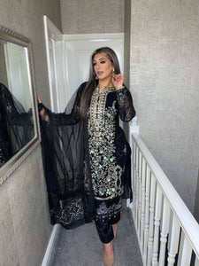 3PC BLACK Embroidered Shalwar Kameez with Net duppatta fully stitched 3 piece suit F-60023