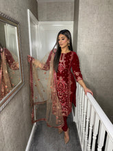 Load image into Gallery viewer, RED Velvet Embroidered Shalwar Kameez with chiffon teal duppatta fully stitched 3 piece suit  MT-379B
