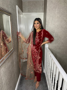 RED Velvet Embroidered Shalwar Kameez with chiffon teal duppatta fully stitched 3 piece suit  MT-379B