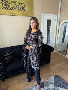 BLACK Embroidered Shalwar Kameez with Net duppatta fully stitched 3 piece suit with Net Dupatta MOB-A5019D