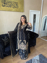 Load image into Gallery viewer, Black Shalwar Kameez with lehenga and net dupatta fully stitched 3 piece suit MOB-S111E
