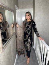 Load image into Gallery viewer, BLACK Velvet Embroidered Shalwar Kameez with chiffon teal duppatta fully stitched 3 piece suit  MT-375A
