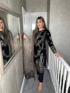 BLACK Velvet Embroidered Shalwar Kameez with chiffon teal duppatta fully stitched 3 piece suit  MT-375A