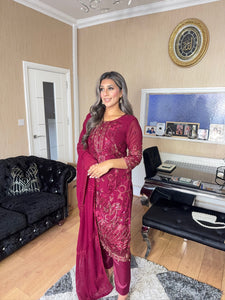Maroon Embroidered Shalwar Kameez with Net duppatta fully stitched 3 piece suit with Net Dupatta MOB-S170A